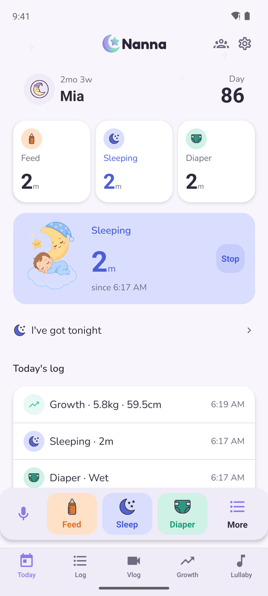 Nanna's Today screen with a sleep timer running