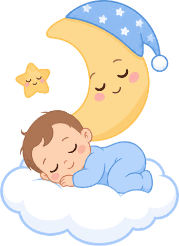 A baby asleep on a cloud under a smiling moon
